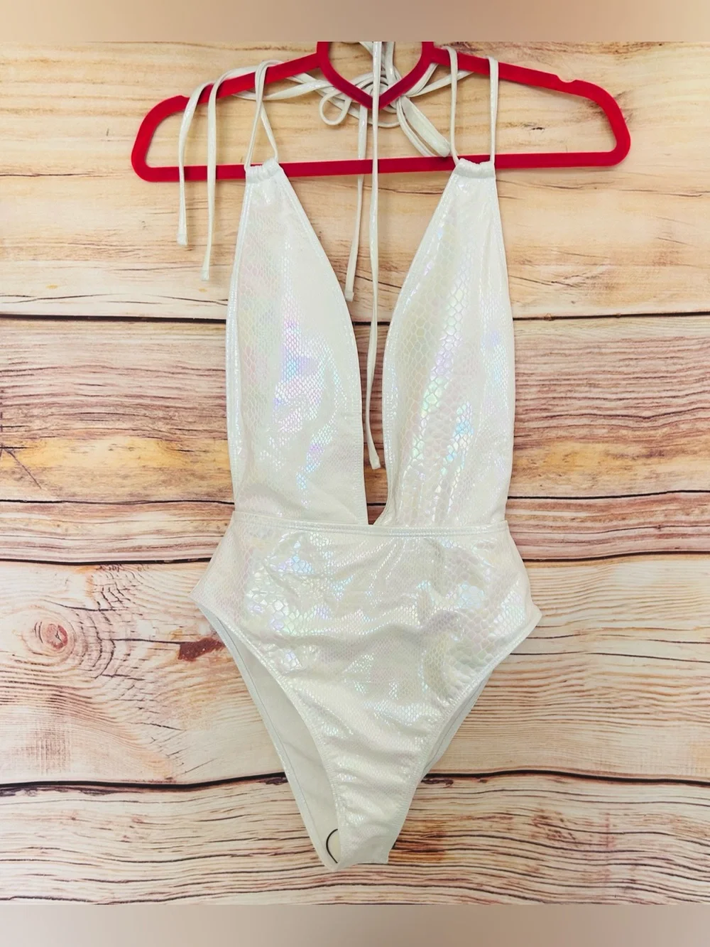 SHEIN White Snakeskin Print Iridescence Plunging One-Piece Swim Suit L NWT